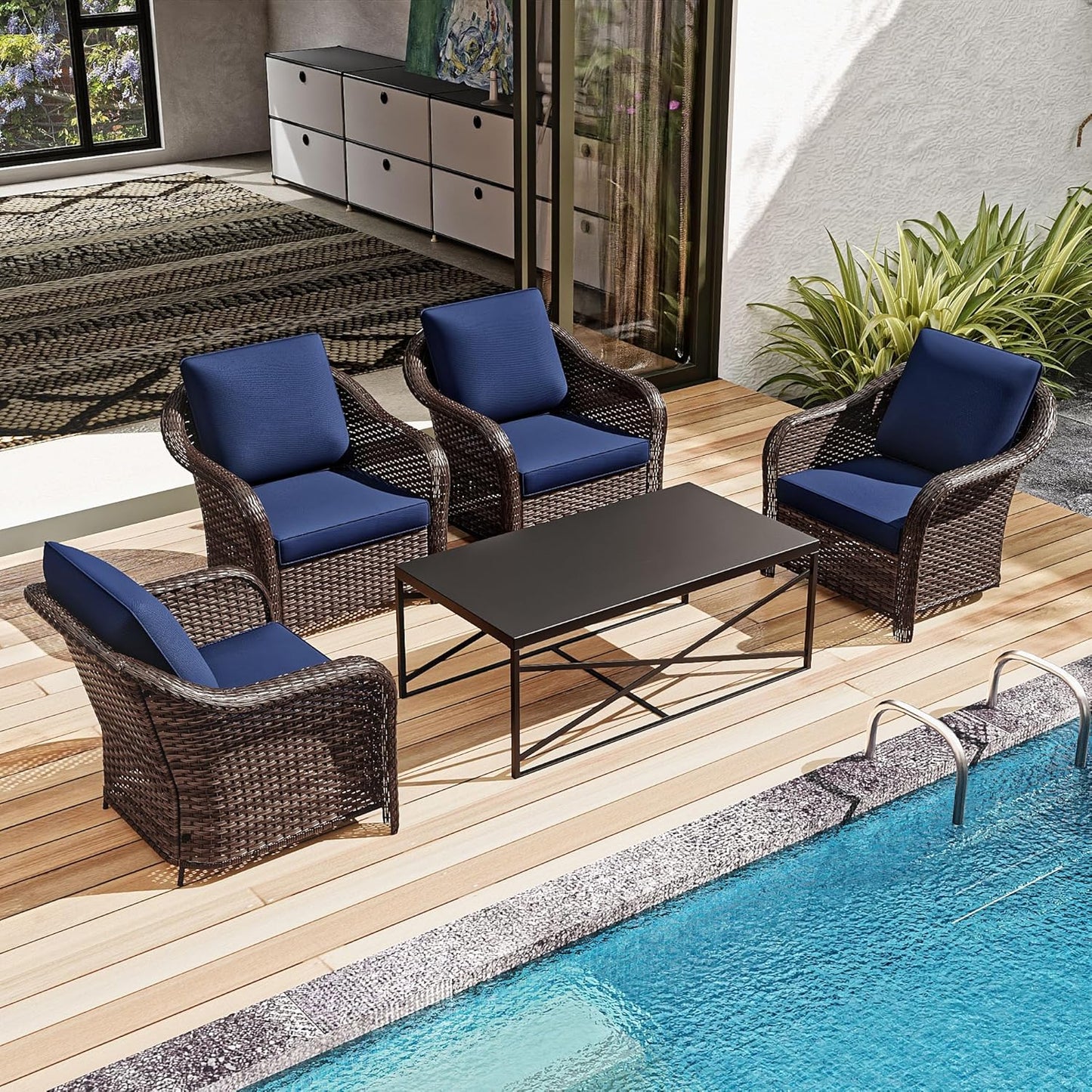 5 Pieces Outdoor Patio Conversation Furniture Set with Removable Covers, All-Weather PE Rattan, 4 Steel Frame Wicker Chairs with Cushions, 47" Metal Coffee Table for Yard (Navy Blue)
