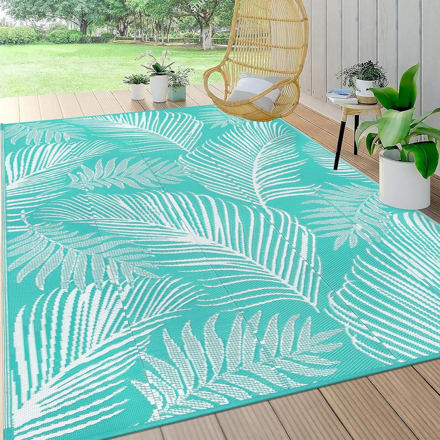 Pauwer Waterproof Outdoor Rug 8x10, Reversible Plastic Straw Patio Camping Rug, Indoor Outdoor RV Mat Carpet for Deck, Camper, Porch, Balcony, Backyard, Picnic, Leaf Light Blue