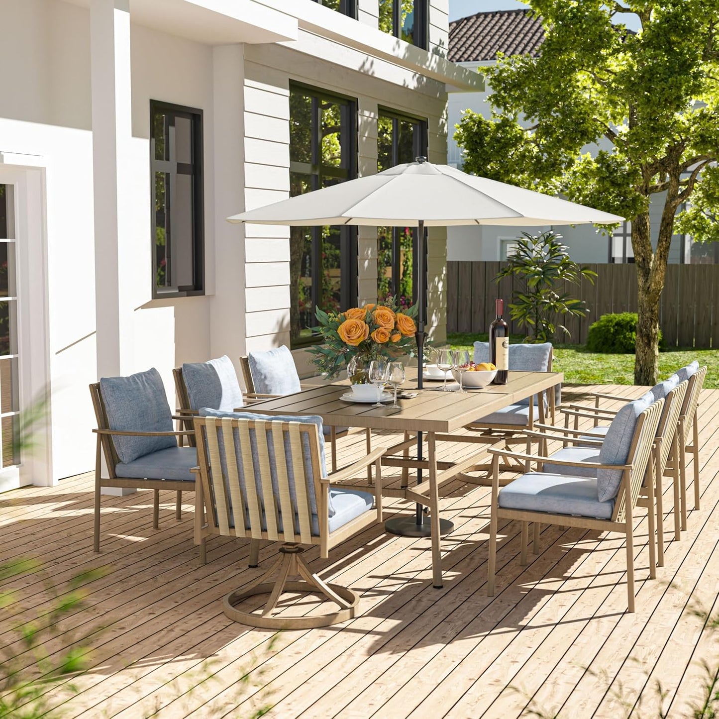 HAPPATIO Patio Table for 8, Large Modern Rectangle Outdoor Dining Table with Umbrella Hole and Adjustable Feet, All Weather Aluminum Patio Table for Garden, Backyard and Poolside, Brown