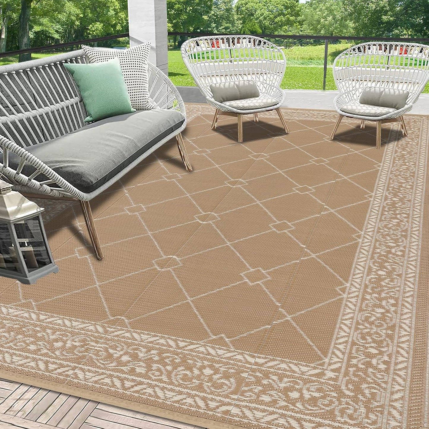 HEBE Outdoor Rug Waterproof 9x12, Reversible Plastic Straw Rug RV Camping Rug, Indoor Outdoor Patio Mat Clearance, Outside Carpet for Porch,Deck,Camper,Balcony,Backyard,Picnic