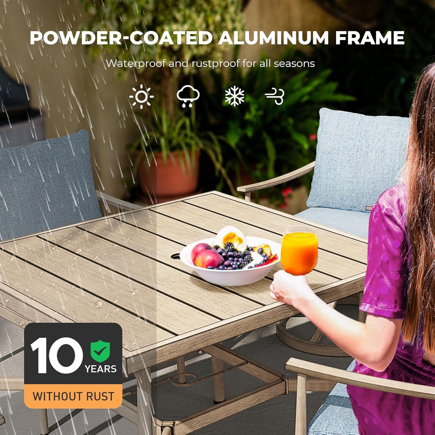 HAPPATIO Patio Table for 4, Modern Square Outdoor Dining Table with Umbrella Hole and Adjustable Feet, All Weather Aluminum Patio Table for Garden, Backyard and Poolside, Brown