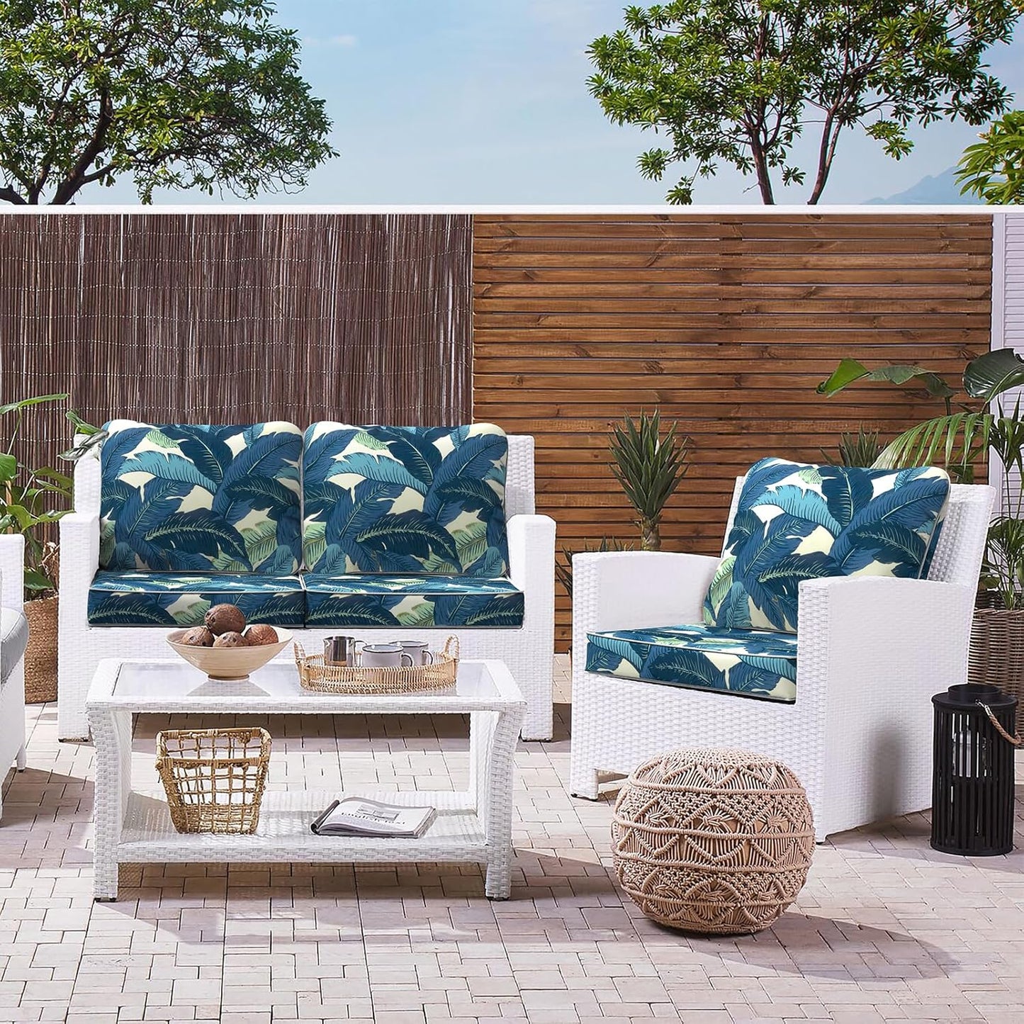 LVTXIII Outdoor Deep Seat Cushion 22"x22"x4" Patio Seat and Back Cushion Set Seasonal Chair Cushion for Dining Arm Chairs, Wicker Chairs and Garden Furniture Decoration, Swaying Palms Blue
