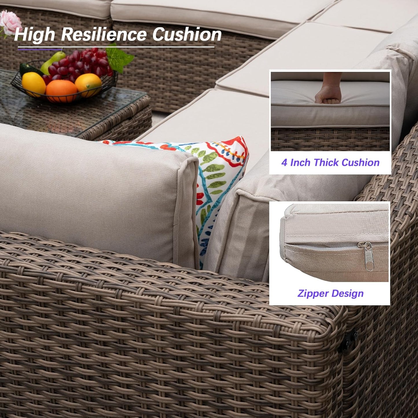 7 Piece Patio Furniture Set, Outdoor Couch Set—All-Weather Outdoor Furniture Sectional w Water Resistant Thick Cushions, Patio Sofa Set w 2 Extra Pillows and Coffee Table, Beige/Brown