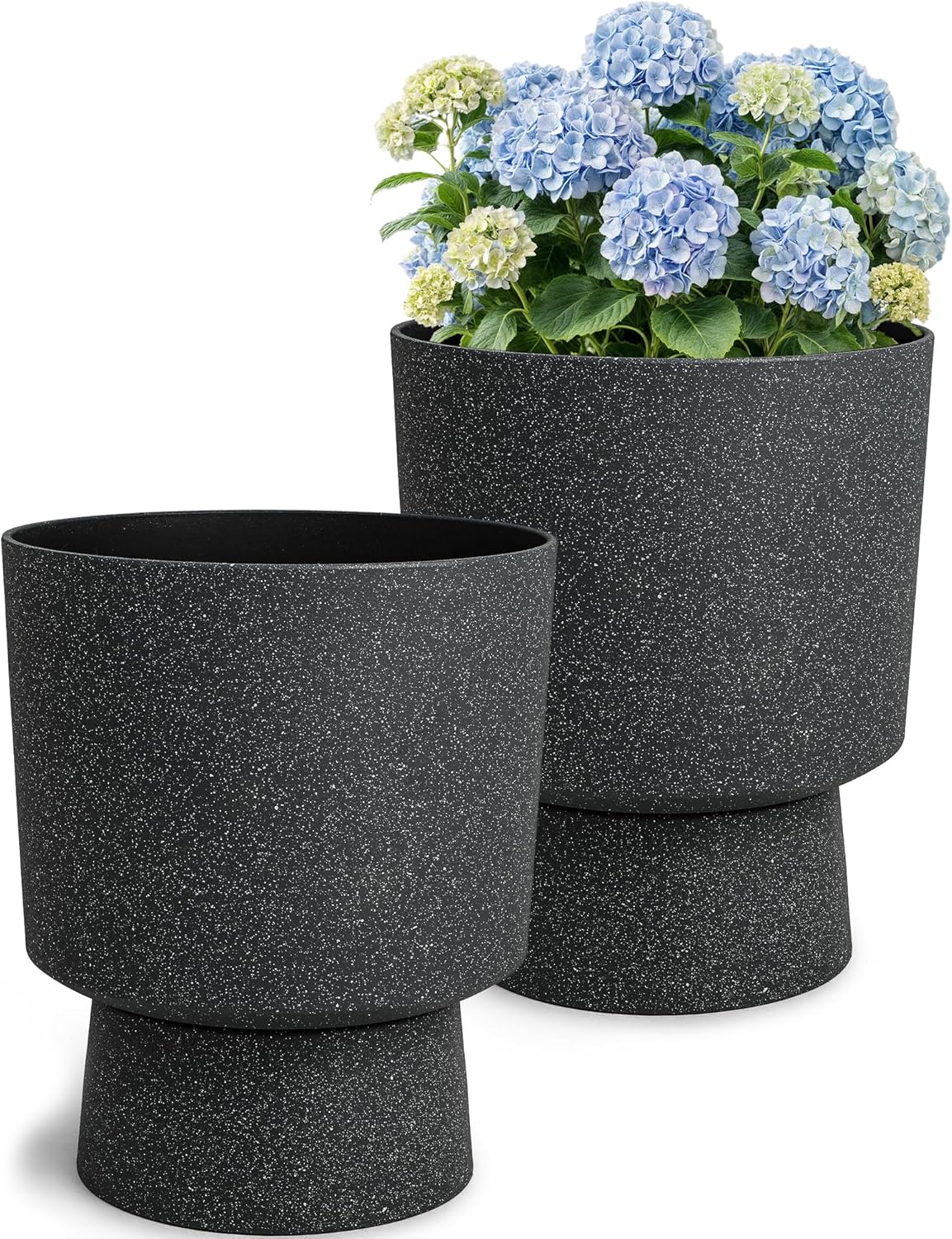 16.75"H Urn-Style Tall Planters, 2-Pack Modern Large Flower Pots for Outdoor Indoor, 2-in-1 Design Plant Containers for Garden Patio Yard Balcony Porch or Home Decor, White Terrazzo, UV-Protect