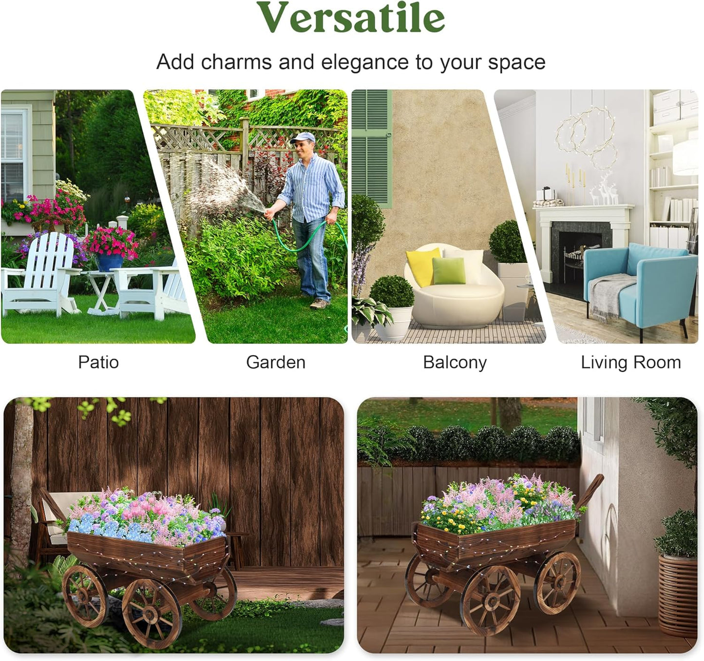 Wood Wagon Planter with Light for Outdoor Balcony Decor - Garden Rustic Wooden Flower Cart with Wheels for Outside Garden Decor Wheelbarrow Planter for Patio Christmas Decoration Gift Car