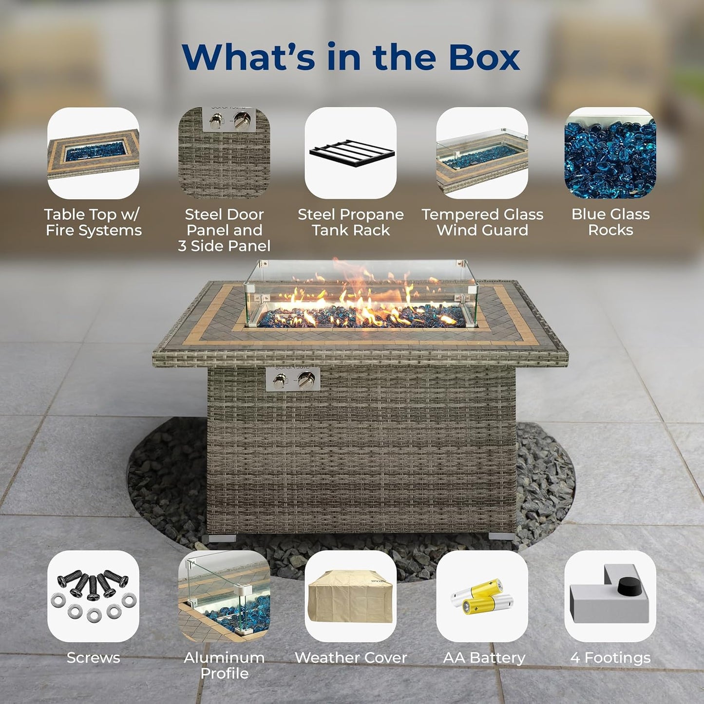 SereneLife Outdoor Propane Fire Pit Table 50000 BTU with Auto Ignition, Glass Wind Guard, Mosaic Tile Top, Clear Glass Rocks, and Weather-Resistant Design for Patio or Backyard