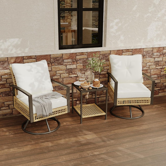 3 Piece outdoor swivel chair set of 2, outdoor swivel patio chairs with Wood-Grain Tabletop Coffee Table and 6" Thick backrest, front porch furniture for Patio, Backyard, Deck, Poolside(Beige)
