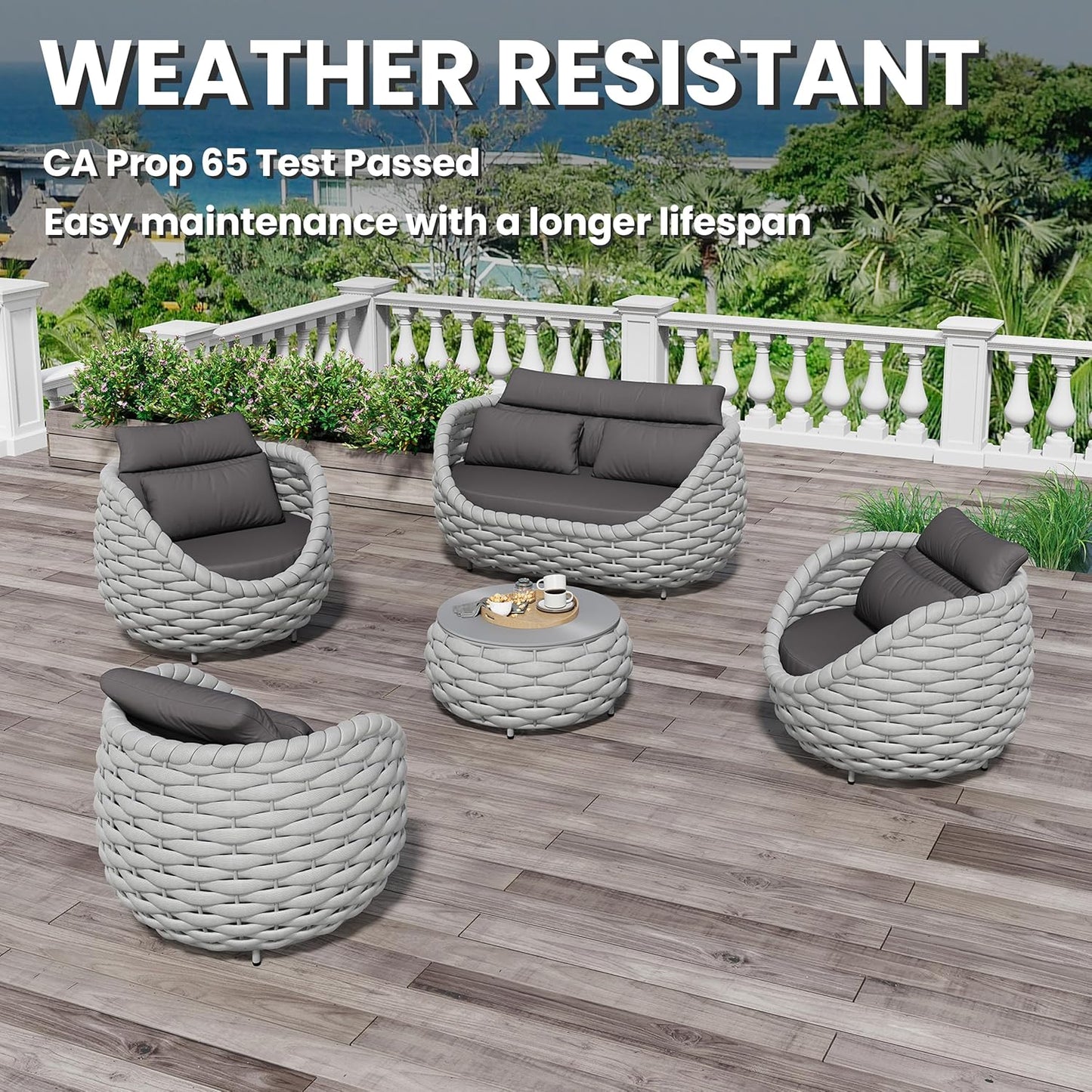 Fully Assembled Patio Furniture Set: 5-Piece Woven Rope Outdoor Conversation Set Cushioned - Modern Metal Deck Loveseat Chair Table Set - Porch Seating for Courtyard Garden Poolside Hotel Resort