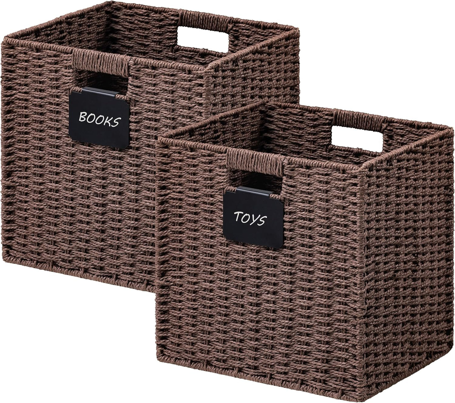 UBBCARE 2 Pack Wicker Basket, 13×13 Storage Cubes with Label, Foldable Cube Storage Bin with Handle, Square Storage Basket for Shelves, Woven Paper Rope Basket for Organizing, Brown