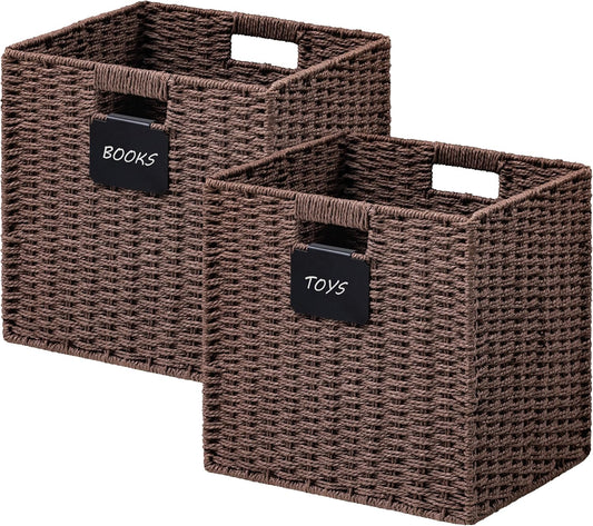 UBBCARE 2 Pack Wicker Basket, 10.5×10.5 Storage Cubes with Label, Foldable Cube Storage Bin with Handle, Square Storage Basket for Shelves, Woven Paper Rope Basket for Organizing, Brown
