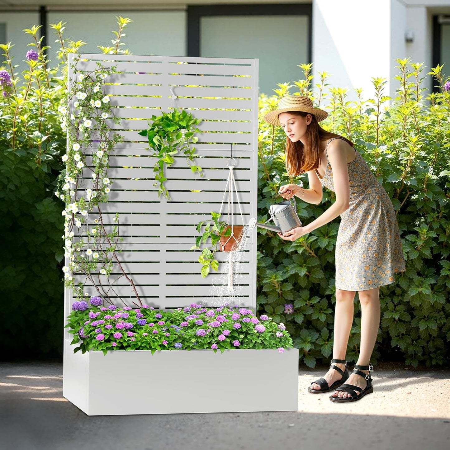 Metal Planter Box with Trellis, Heavy-Duty Raised Garden Bed for Climbing Plants, Drainage Hole, Outdoor Planter Box with Privacy Screen，47''L×16''W×71''H