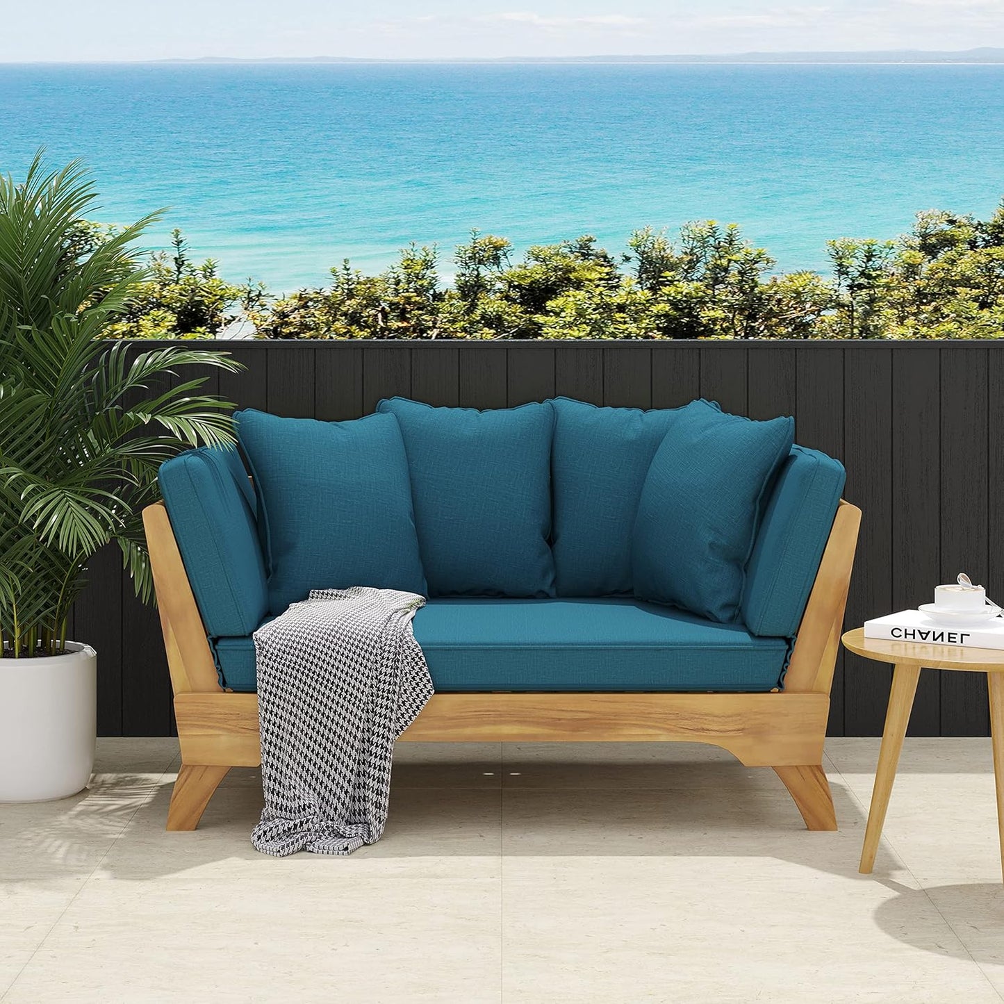 Outdoor Adjustable Patio Wooden Serene Daybed Sofa Chaise Lounge with Cushions for Small Places, Sleeper Chair with Armrest for Backyard, Poolside (Blue)