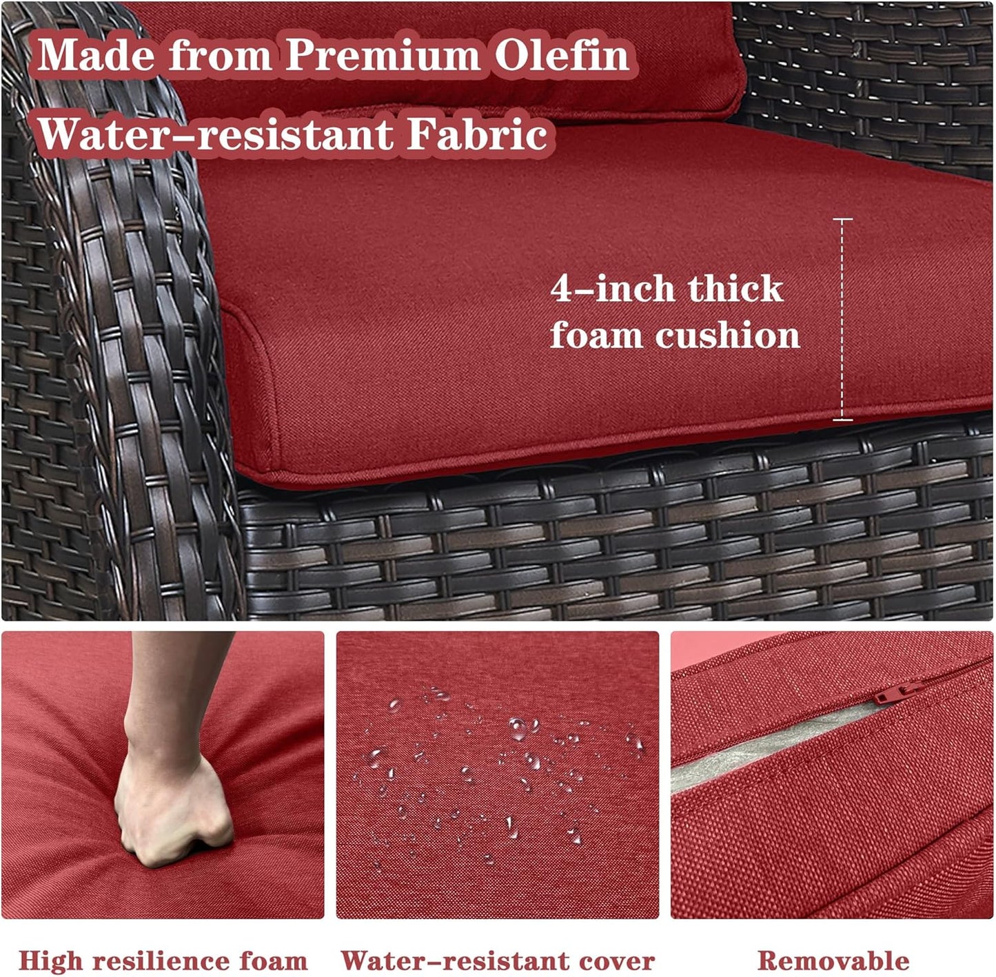 5 Pieces Patio Wicker Furniture Set - 4 Outdoor Swivel Rocker Glider Chairs with 50000BTU Propane Fire Pit Table, Warm Patio Conversation Set Red Cushion Perfect for Casual Gathering