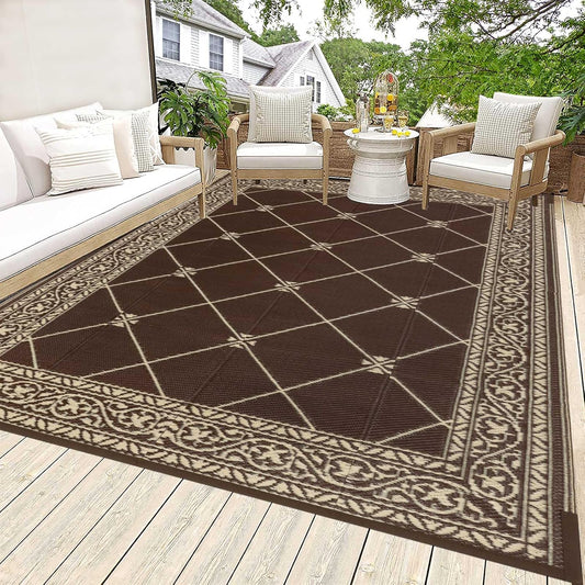 HiiARug Outdoor Patio Rugs 6x9Ft Outside Rugs Patio Waterproof Plastic Straw RV Camping Rug Reversible Mats Large Floor Mat and Rug for Patio, Backyard, Deck, Picnic, Beach, Trailer (Brown)