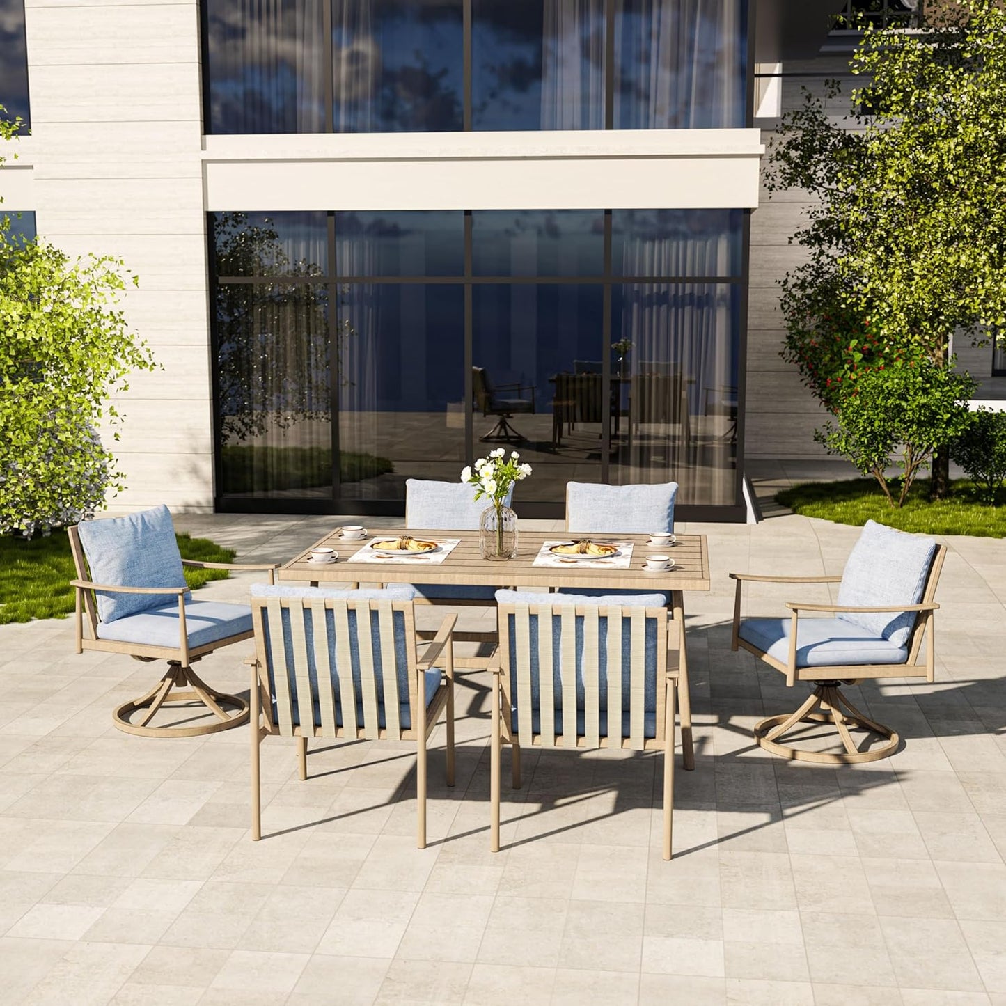 HAPPATIO Patio Table for 6, Large Modern Rectangle Outdoor Dining Table with Umbrella Hole and Adjustable Feet, All Weather Aluminum Patio Table for Garden, Backyard and Poolside, Brown