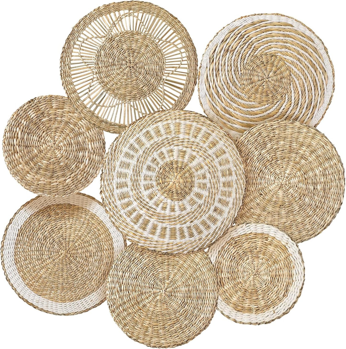 Xuhal Set of 8 Hanging Woven Wall Basket Handmade Decorative Rustic Boho Basket Decor Handcrafted Wicker Round Seagrass Wall Art for Home Kitchen Farmhouse Table Living Room
