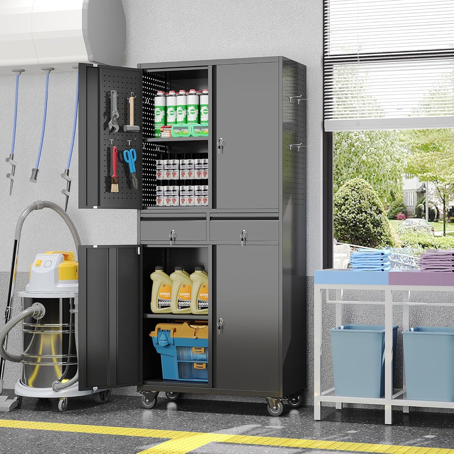 71''H Metal Garage Storage Cabinet with Wheels & 4 Pegboard,Rolling Tool Cabinet with Adjustable Shelves & 2 Lockable Drawer for Garage,Office,Home, Assembly Required,Black