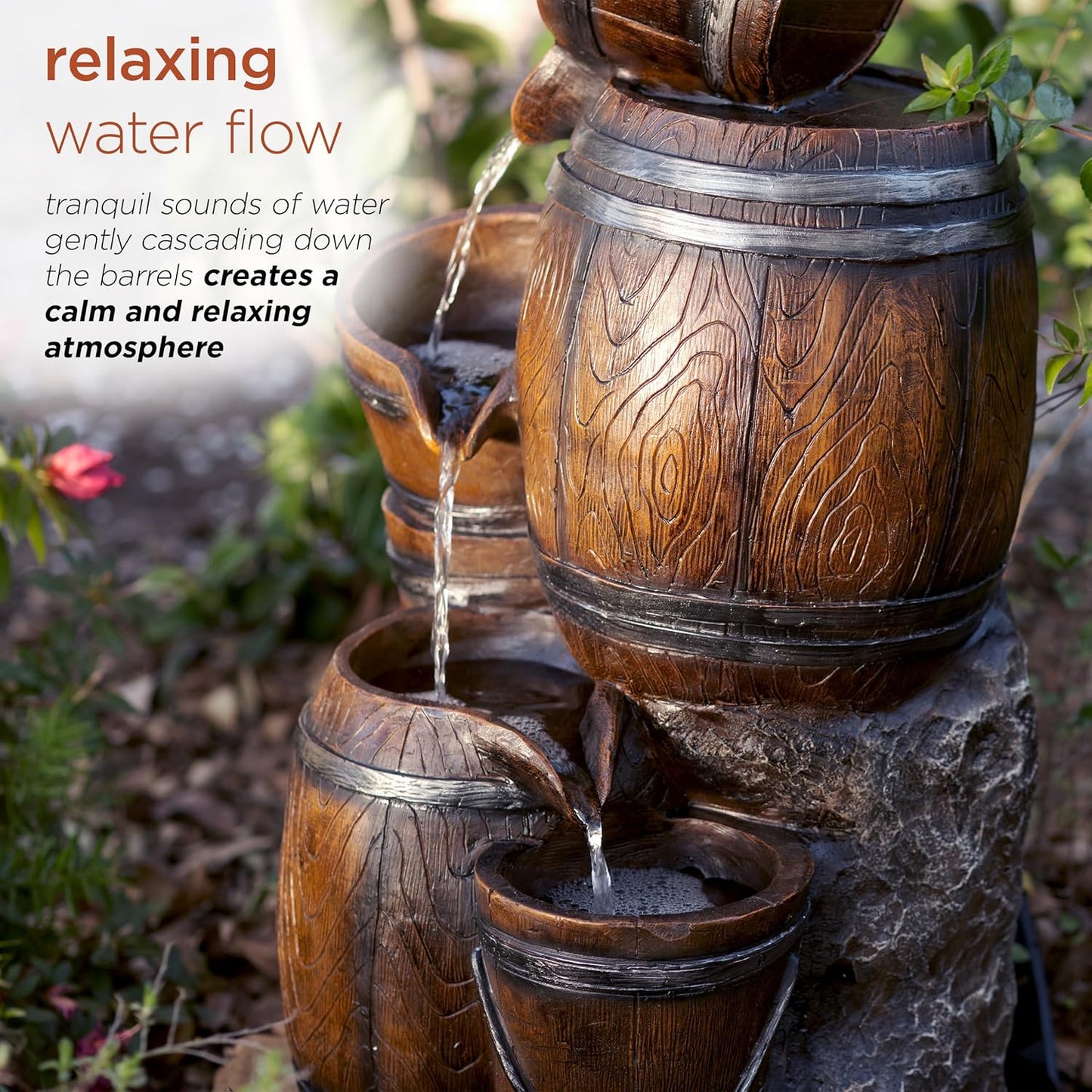 Alpine Corporation ZEN409S 24" Indoor/Outdoor Floor Tiered Barrels and Buckets Fountain, Rustic 4-Tier – Water Feature for Garden, Patio, and Home Décor, Brown