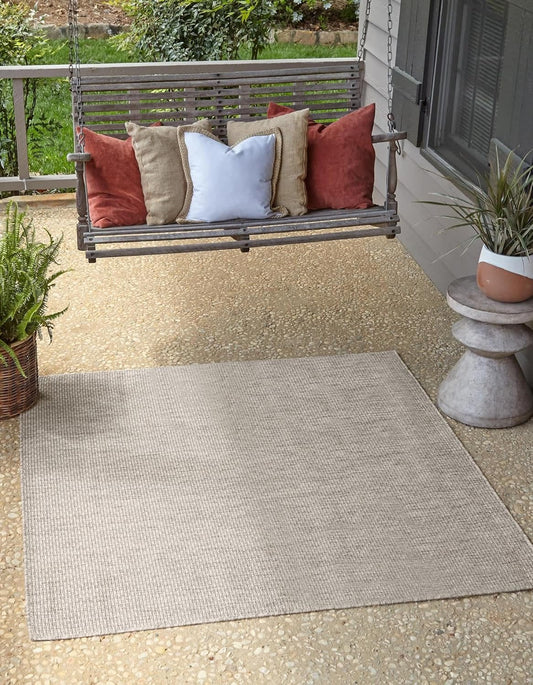 Unique Loom Collection Casual Transitional Solid Heathered Indoor/Outdoor Flatweave Area Rug (8' Square, Light Gray/Ivory)