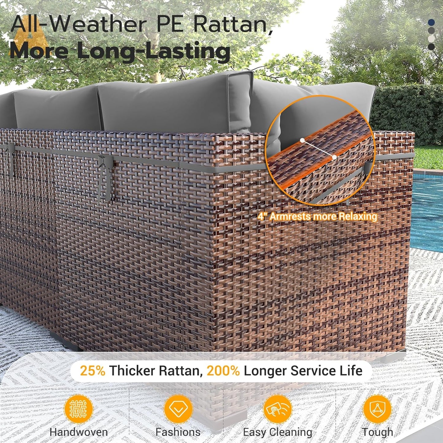 UDPATIO Patio Furniture Set, 7 Piece Outdoor Sectional Sofa, Wicker Modular Patio Sectional Conversation Sets with Waterproof Cover for Deck Backyard(Brown/Dark Grey)