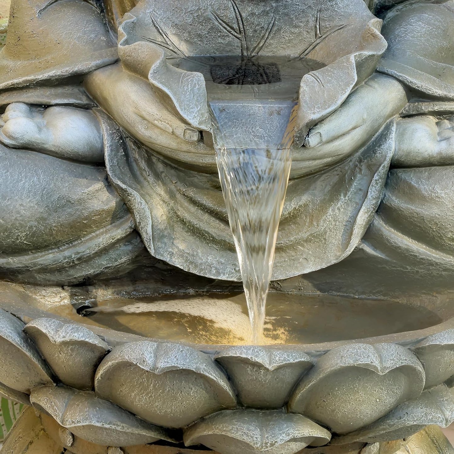 Buddha Water Fountain Outdoor Large Sitting Lotus Base Waterfall Fountains Zen Water Feature Indoor with LED Light for Garden Patio Backyard Deck Lawn Porch Balcony Home 45 inches Gray