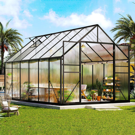 Amerlife 8x11.5x7 FT Polycarbonate Greenhouse for Outdoors, Walk-in Design with Aluminum Frame, 2 Windows and Swing Door, Heavy-Duty Greenhouse Construction for Garden, Black