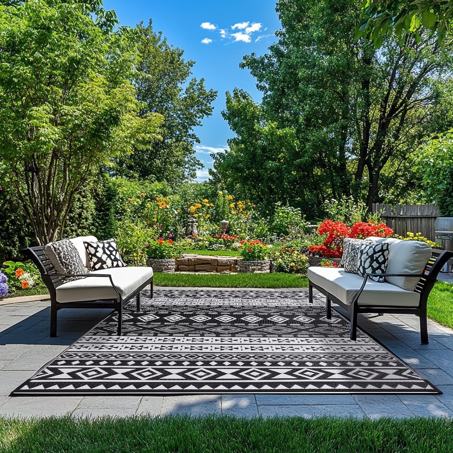 WILDROOTS 6x9 Feet Black and White Plastic Outdoor Rug, Stain Resistant Waterproof Reversible Outdoor Patio Rug, Fade Resistant Camping Rug