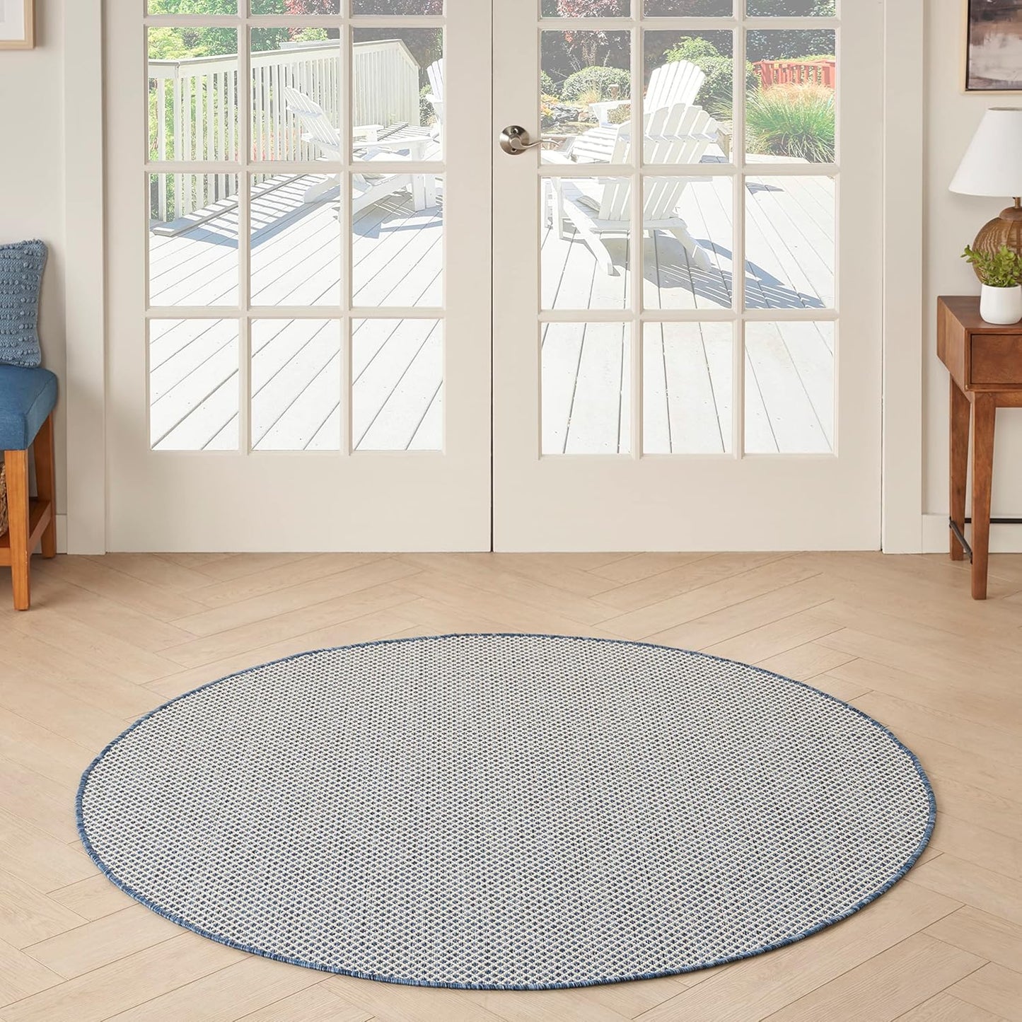 Nourison Home Courtyard Indoor/Outdoor Ivory Blue 4' x Round Area Rug, Easy Cleaning, Non Shedding, Bed Room, Living Room, Dining Room, Backyard, Deck, Patio (4 Round)