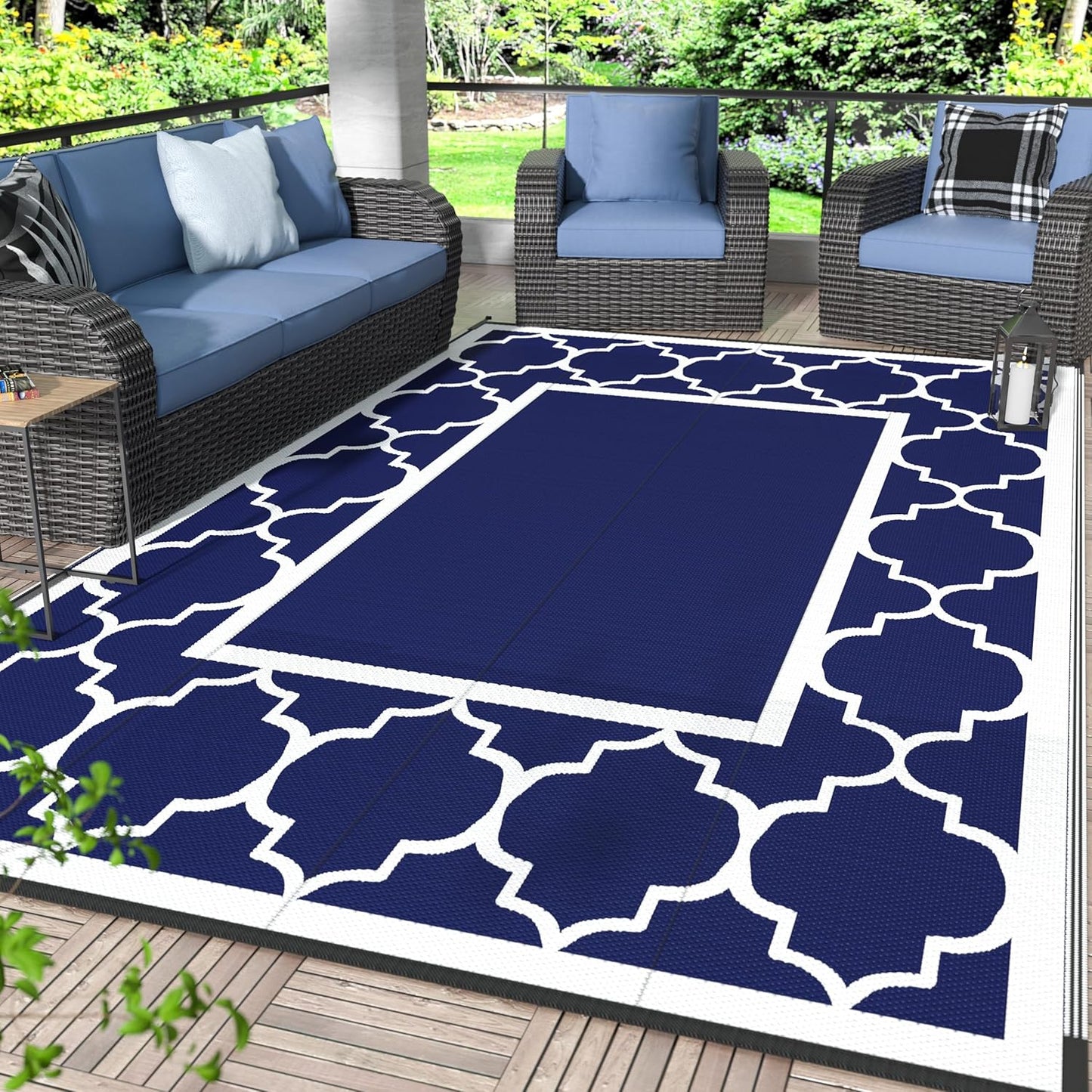 GENIMO 6' x 9' Outdoor Rug Waterproof for Patio Decor, Foldable Reversible Plastic Straw Area Rugs Mat for Camper, Outside Carpet for Rv, Deck, Porch, Picnic, Beach, Balcony, Blue & Grey