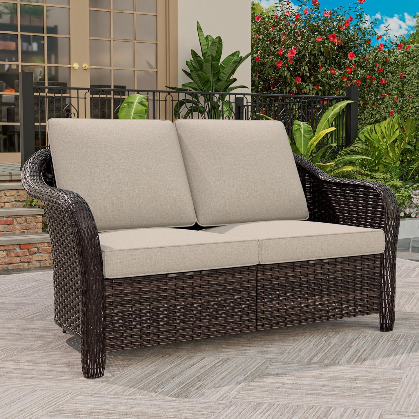 55 inch Outdoor Wicker 2 Seater Sofa, All-Weather Use Patio Rattan Loveseat with Seat and Back Cushion, Ideal for Porch, Backyard, Balcony, Poolside, Beige