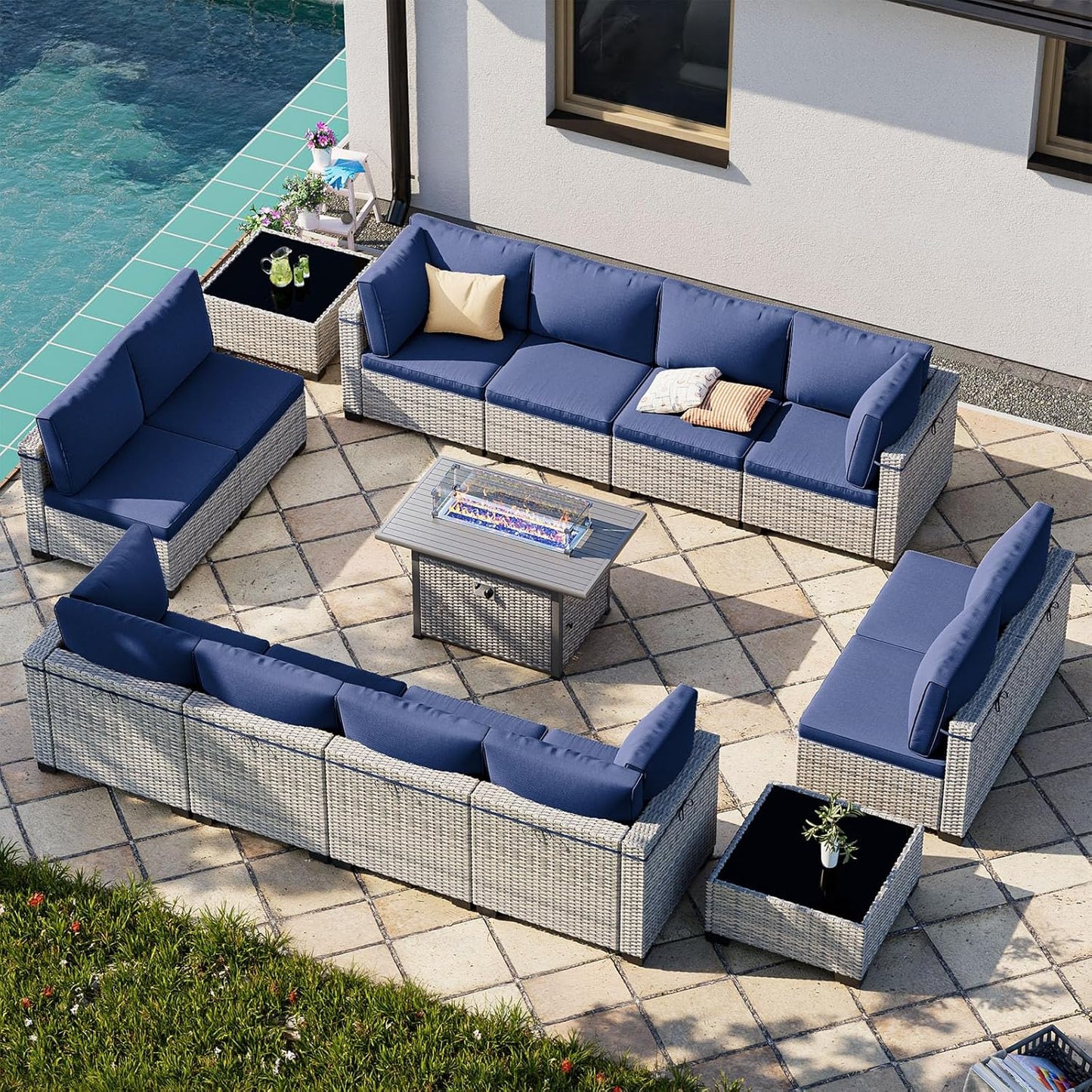 15-Piece Patio Furniture Set, Outdoor Patio Furniture with 55,000 BTU Fire Pit Table, Thick Cushions, Modular Patio Sofa, Dual-Strand Wicker Rattan, Rust-Resistant Frame, Navy Blue