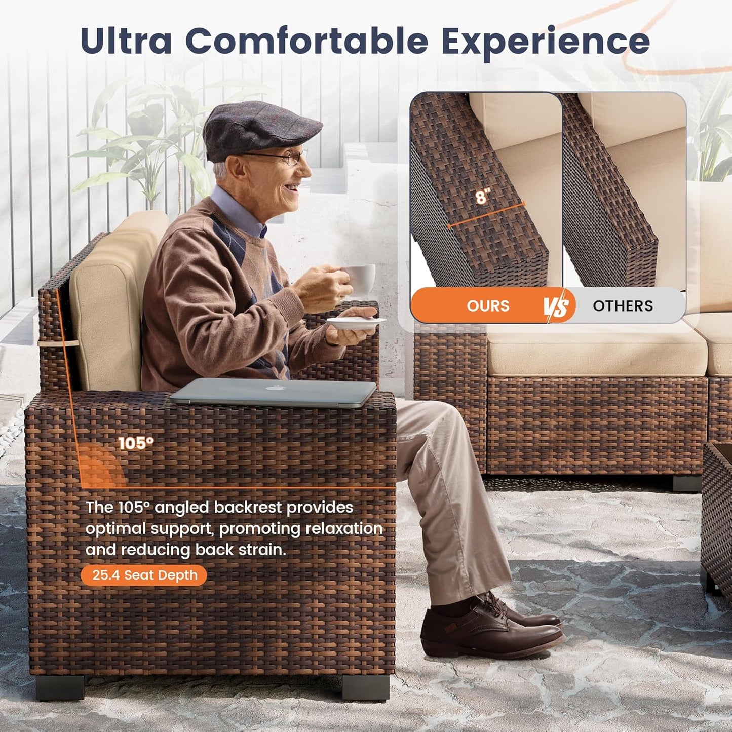 UDPATIO Patio Furniture Set with Fire Pit Table, 8 Inch Armrest Outdoor Sectional Sofa, Wicker Outdoor Furniture Conversation Sets with Waterproof Cover for Backyard Deck(Brown/Khaki)