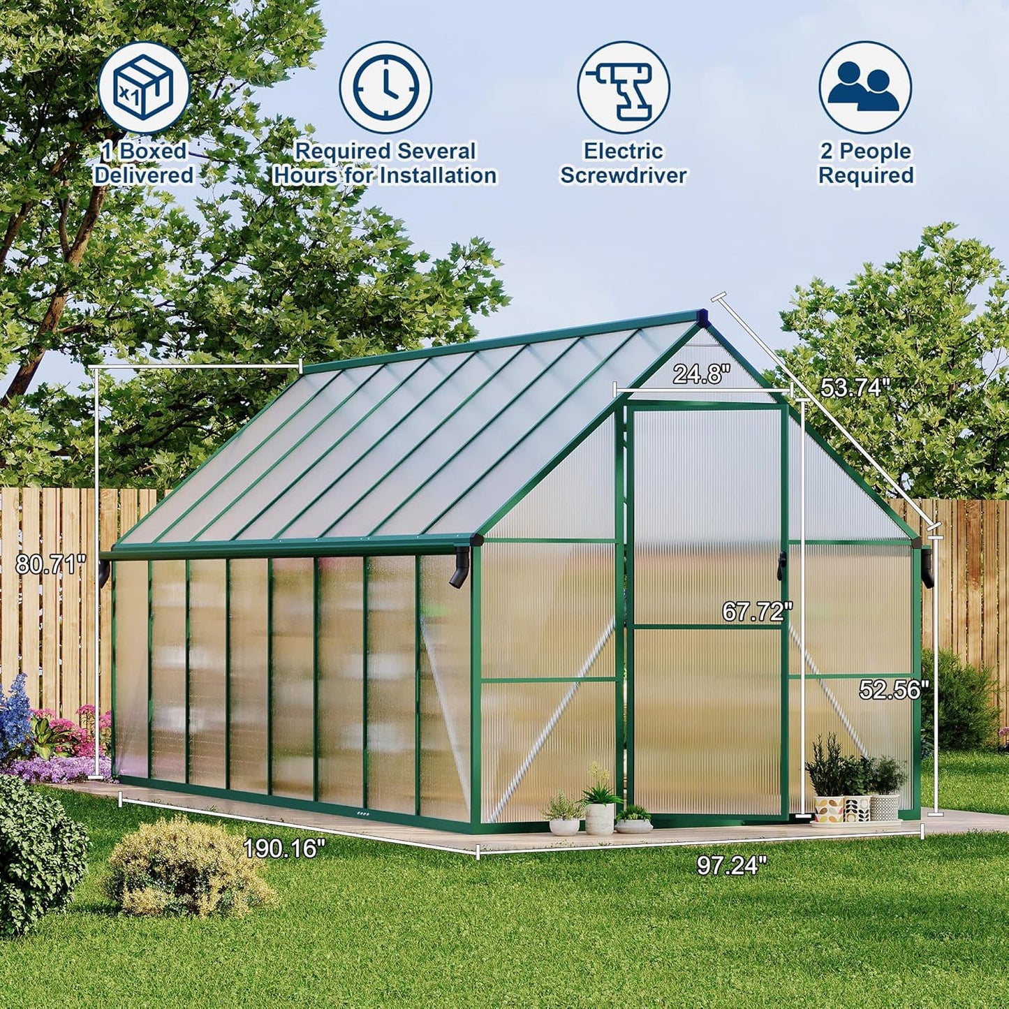 8'X16' Aluminum-Framed Polycarbonate Greenhouse, Heavy Duty Polycarbonate Greenhouse with Quick Setup Structure and Roof Vent, Large Enhanced Aluminum Greenhouses Kit for Outdoors