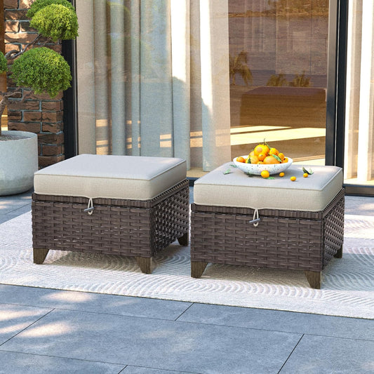 2 Pieces Patio All-Weather Wicker Ottomans with Cushions, PE Rattan Outdoor Conversation Furniture Set for Backyard, Deck, Lawn (Beige)