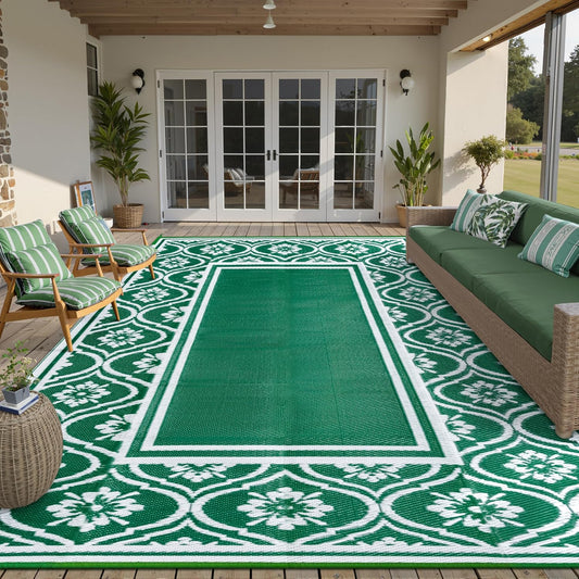 Plastic Outdoor Rug 6'x9' Waterproof Camping Carpet Outside Area Rug Reversible Green Rugs for RV Deck Entryance Porch Picnic Balcony Beach