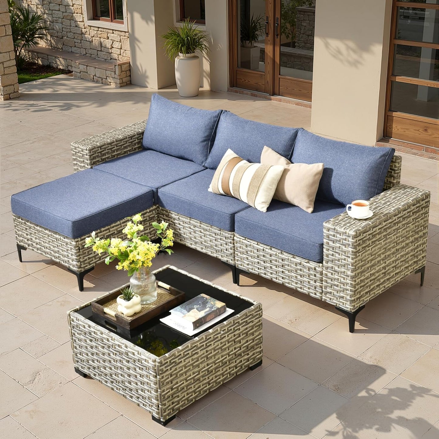 ovios 5 Pieces Patio Furniture Set Outdoor Sectional Sofa Couch with Deep Seat Chaise Comfy Cushions, Modern Modular Wicker Rattan Conversation Set Porch Deck Garden, Denim Blue