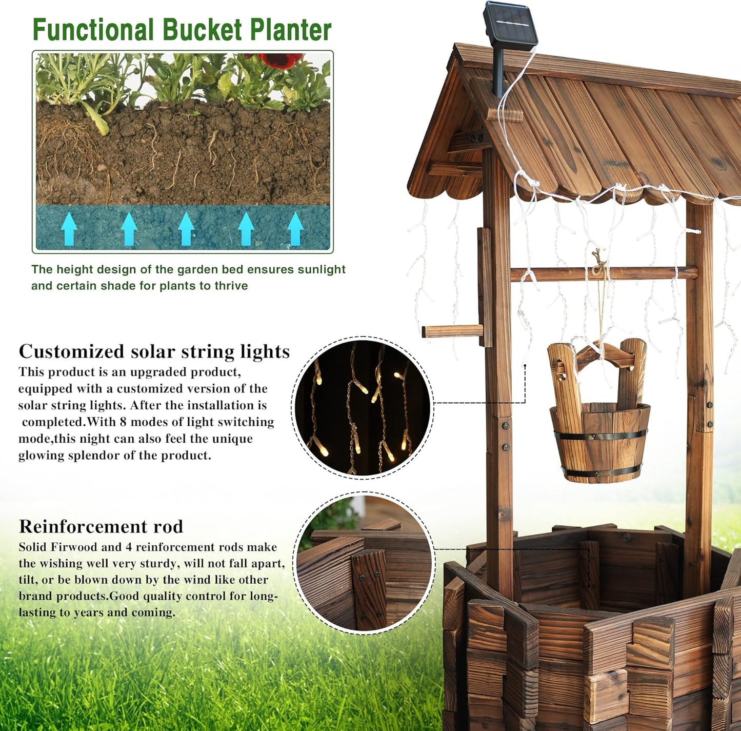Garden Wooden Decor Rustic Wishing Well with Light Planter Outdoor Home Décor for Patio, Upgrade Wishing Well Garden, Yard Hanging Bucket Patio Lawn Backyard Home Decor