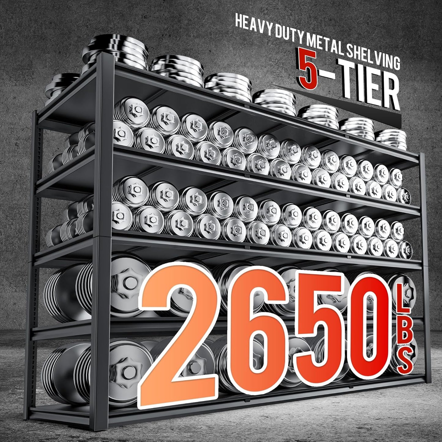 59.8" W x 72.2" H x 24.2" D Metal Storage Shelves, 2650LBS Garage Shelving Unit with Adjustable Shelf, 5 Tier Storage Rack for Garage, Pantry, Warehouse, Basement, Black, 2 Pack