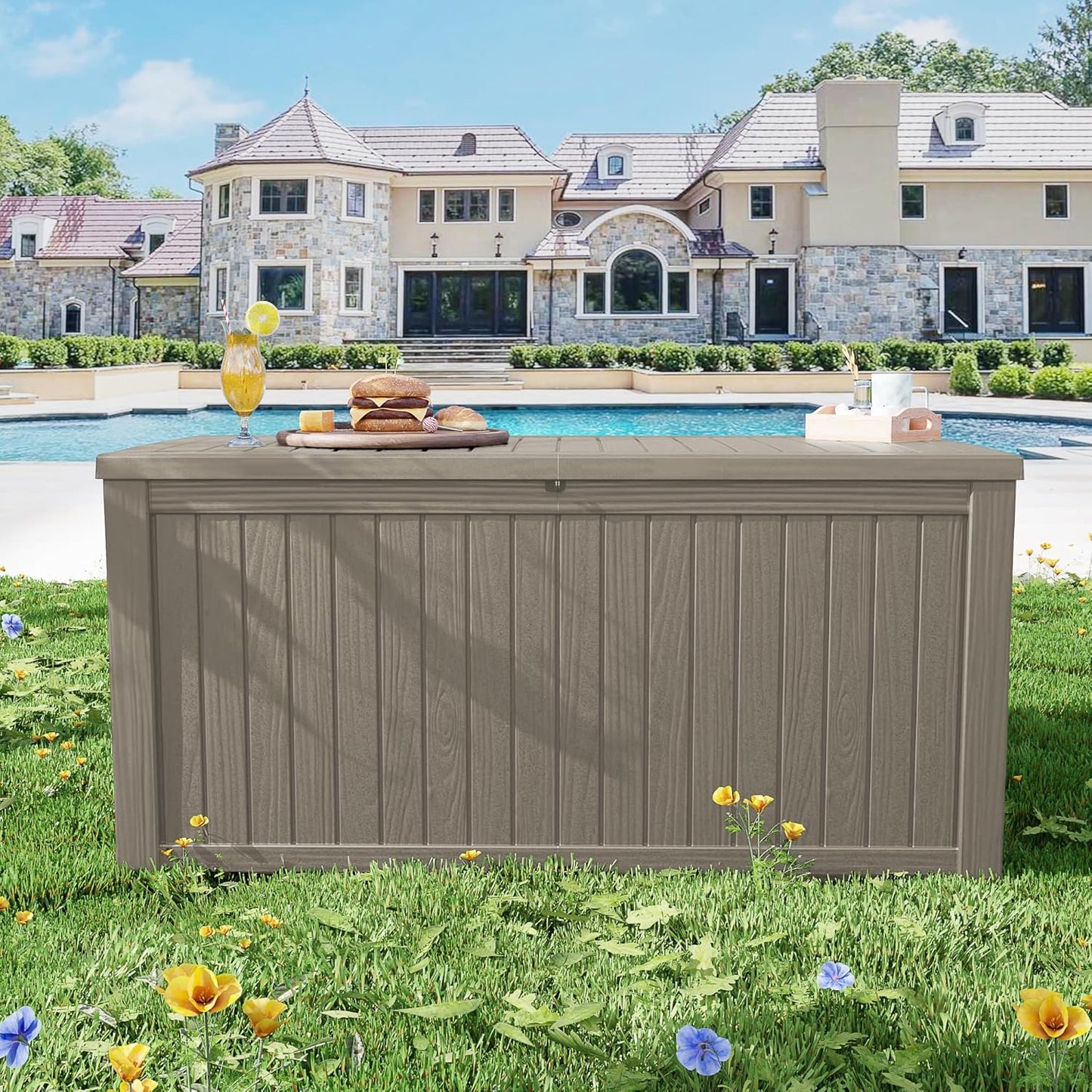 200 Gallon Outdoor Storage Box Waterproof Lockable Resin Deck Box Large, Patio Storage Bin for Pool Accessories Cushion Furniture, Garden Tools, UV-Resistant Outside Delivery Grey