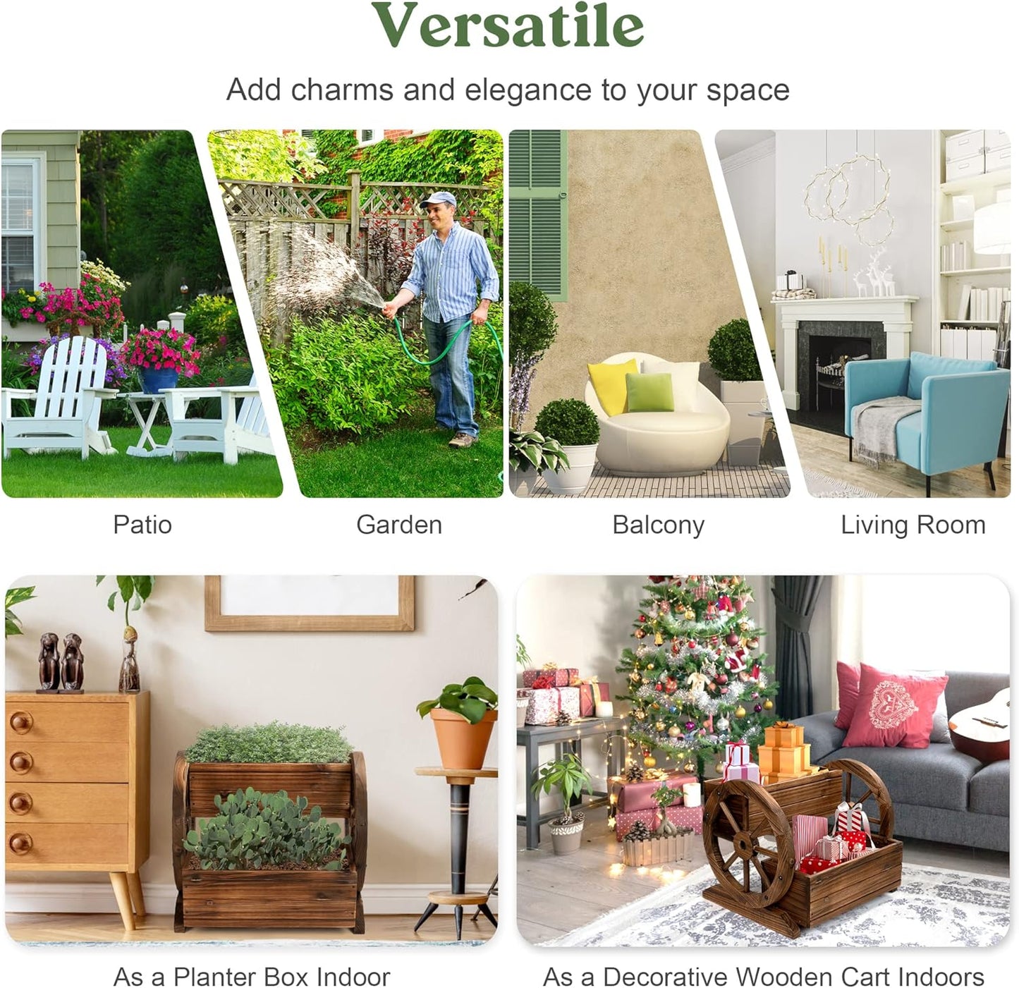 2PCS Wooden Wagon Planter Box, Garden Planter with Wheels,Decorative for Flowers Herbs Vegetables for Indoor & Outdoor Decor,Wooden Flower Cart for Patio Garden Balcony