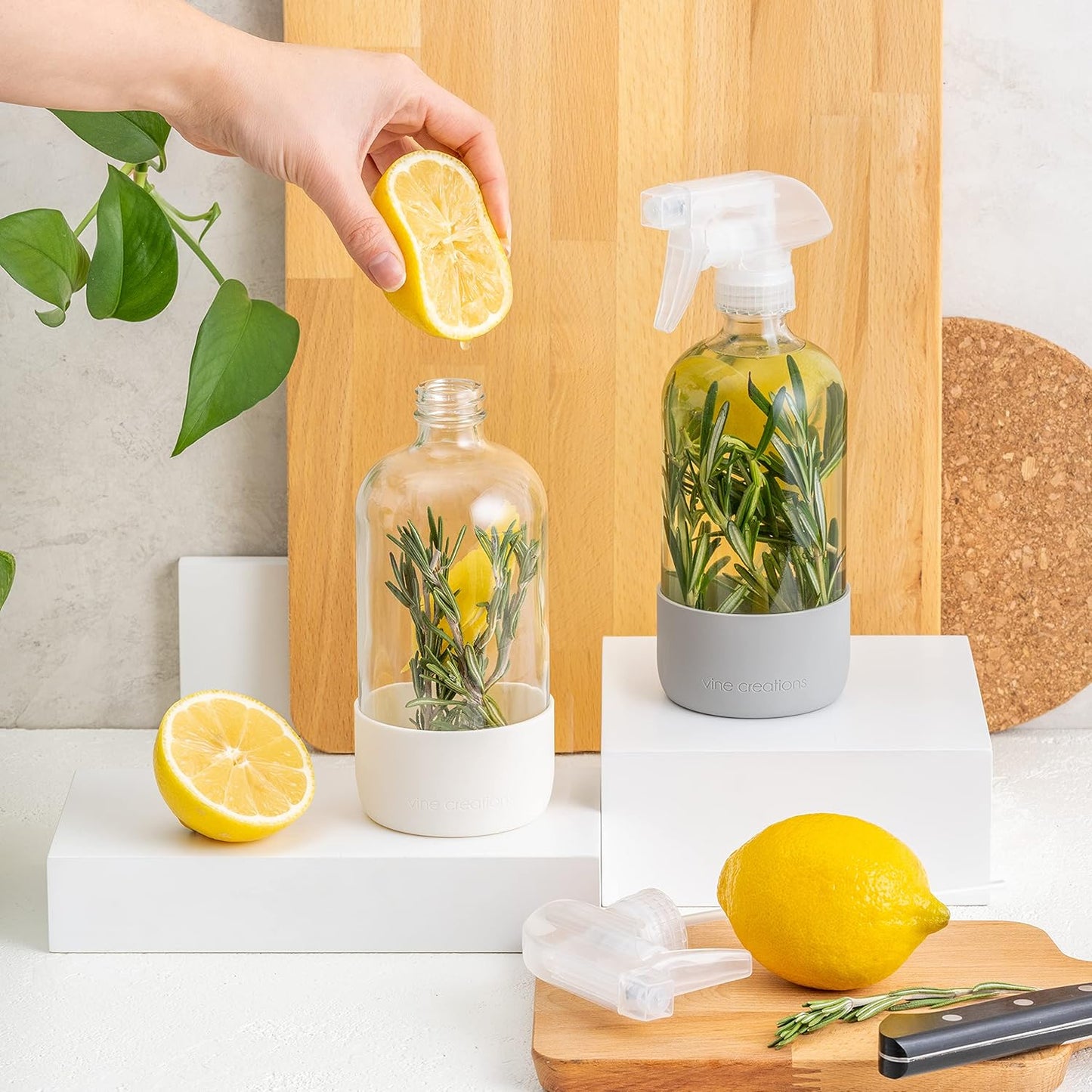 Vine Creations Glass Spray Bottles for Cleaning Solutions, Clear Glass Spray Bottle with Silicone Sleeve, 16 oz Empty Spray Bottles for Cleaning, Plant Spray Bottle, Mist and Stream Nozzle - 2 Pack