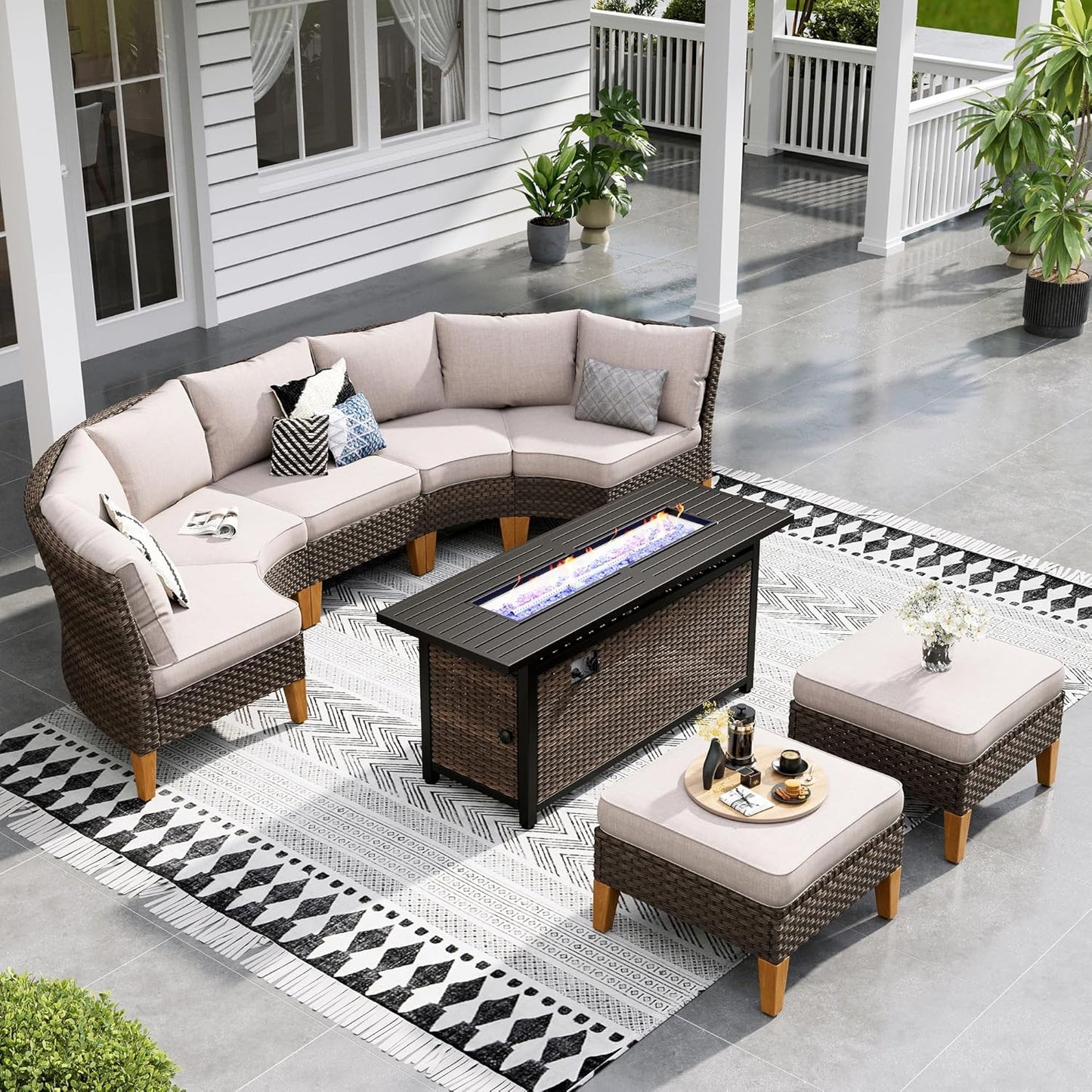 Sophia & William Patio Furniture Set with Fire Pit Table, 8 Piece Half Moon Outdoor Wicker Sectional Sofa Set, Rattan Conversation Set with 56-Inch Fire Pit Table & Ottoman (Beige)