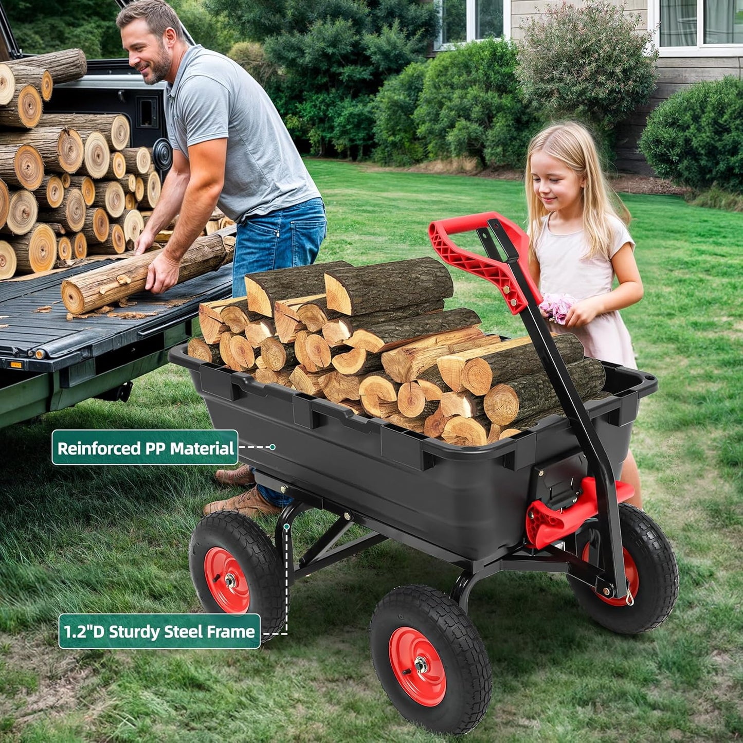 1200lbs Garden Dump Cart,7 Cu.Ft Utility Wagon Cart with Hitch,Heavy Duty Yard Dump Wagon Wheelbarrows with 13" All Terrain Wheels & 2-in-1 Handle,Tow Behind for Lawn Mower Tractor ATV