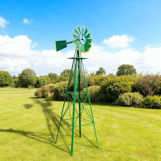 8FT Windmill for Yard Garden Decoration with Weather Vanes，Heavy Duty Outdoor Wind Mills, Large Metal Outdoor Windmill, Weather Resistant,Green