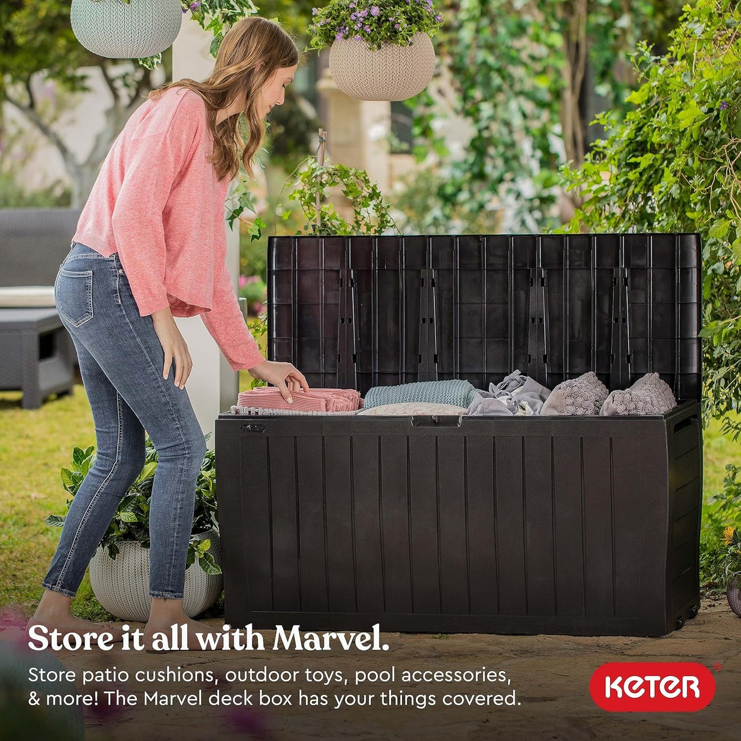Keter Marvel Plus 71 Gallon Resin Outdoor Storage Box for Patio Furniture Cushions, Throw Pillows, Garden Tools and Pool Floats, Brown