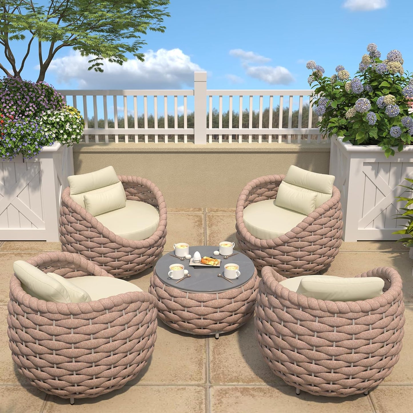 TWT Aluminum Outdoor Patio Furniture Set, 4 Textilene Armchairs Modern Outdoor Conversation Set Outdoor Single Sofa with Upgrade Cushion and Coffee Table for Balcony, Light Brown