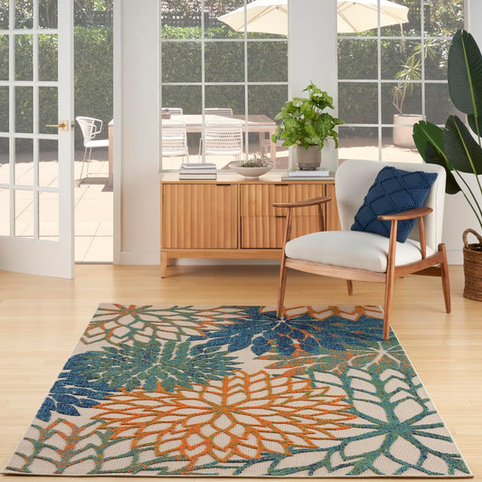 Nourison Home Aloha Indoor Outdoor Blue Green 5'3" x 7'5" Area Rug, Easy Cleaning, Non Shedding, Bed Room, Living Room, Dining Room, Backyard, Deck, Patio (5x7)