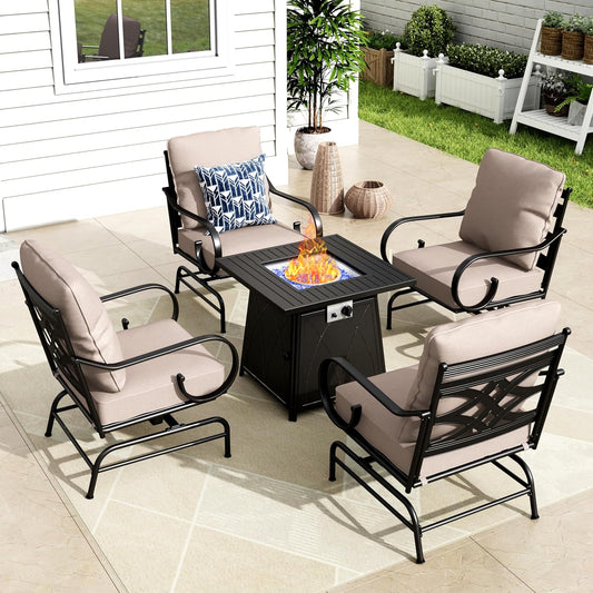 MFSTUDIO 5 Pieces Large Patio Sofa Conversation Set with 28 Inch Propane Fire Pit Table, Metal Outdoor Sectional Furniture with Thick Cushion Motion Chairs Gas Fire Pit