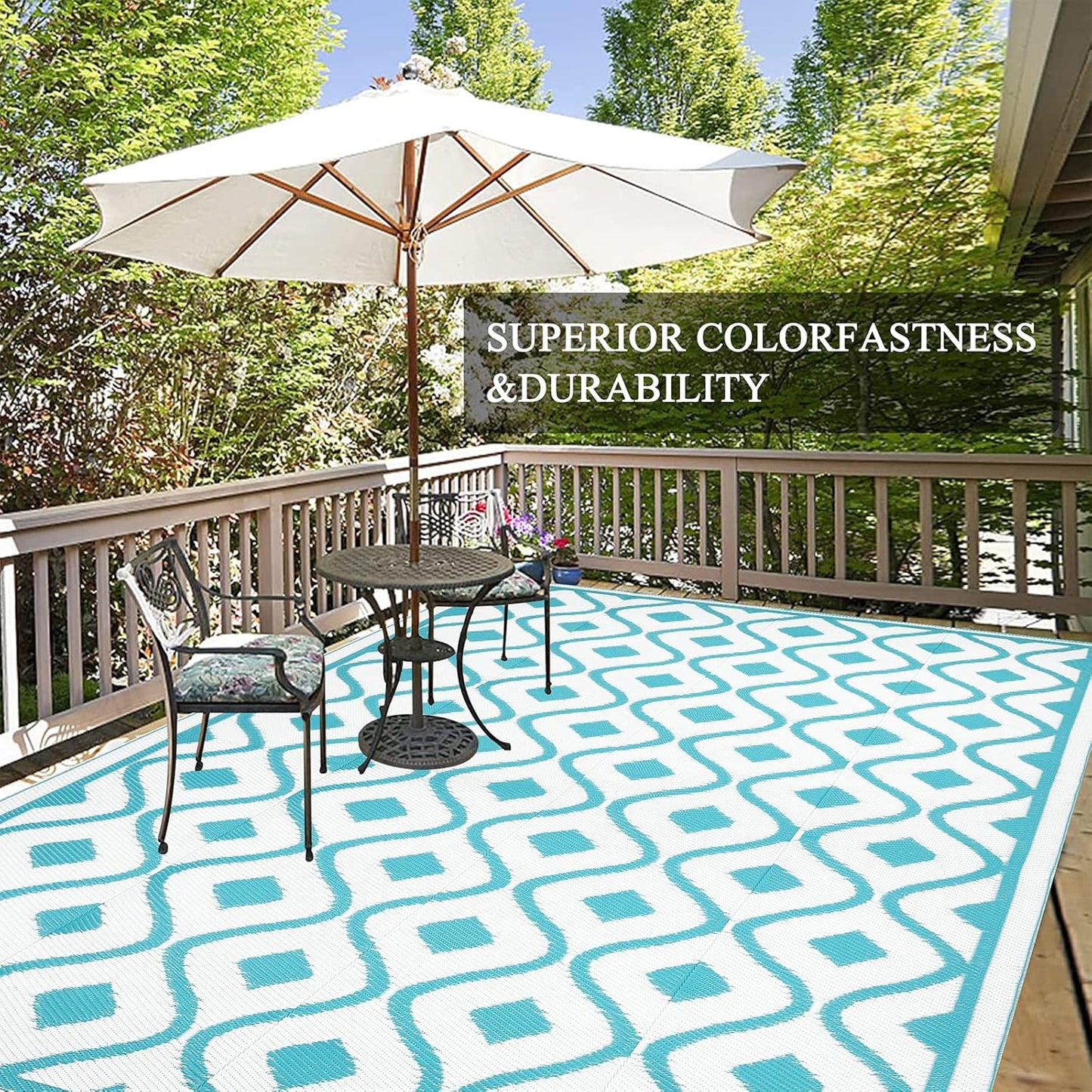 Pauwer Waterproof Outdoor Rug 6x9, Reversible Plastic Straw Patio Camping Rug, Indoor Outdoor RV Mat Carpet for Deck, Camper, Porch, Balcony, Backyard, Picnic, Geometric Teal