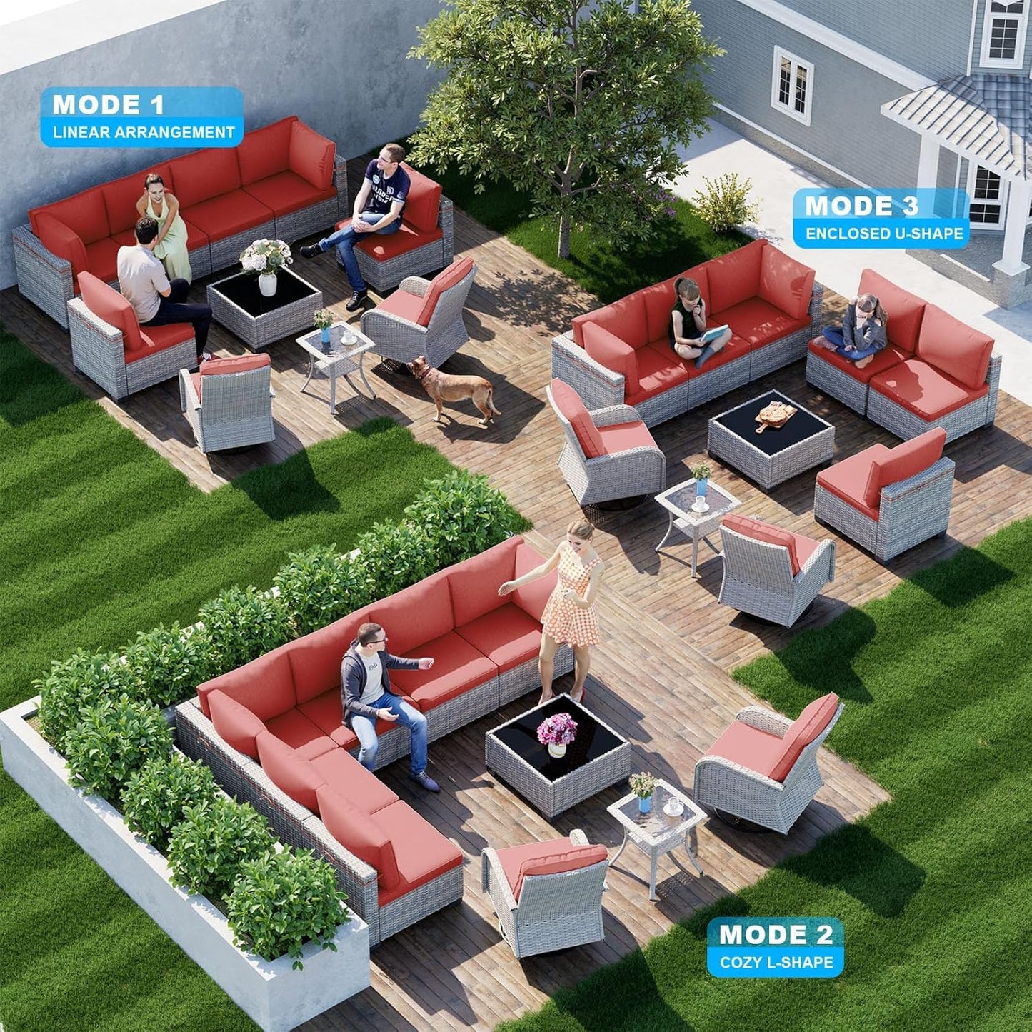 10-Piece Patio Furniture Set, Outdoor Patio Furniture with Swivel Chairs Set, Thick Cushions, Modular Patio Sofa, Dual-Strand Wicker Rattan, Rust-Resistant Frame, Dark Red